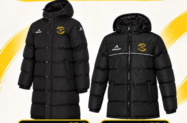 Abrigos Mercury largo (48 €) y corto (38 €) con el escudo del Club Hockey El Casar, tallas de XS a 4XL