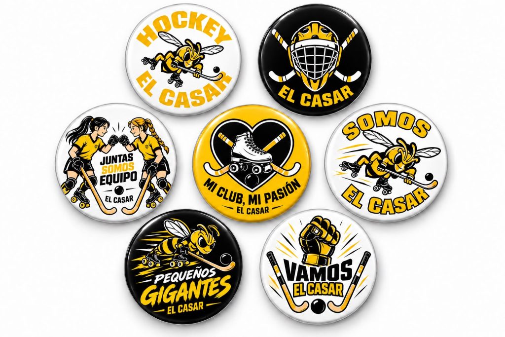 Los siete modelos de chapas del Club Hockey El Casar en negro, amarillo y blanco